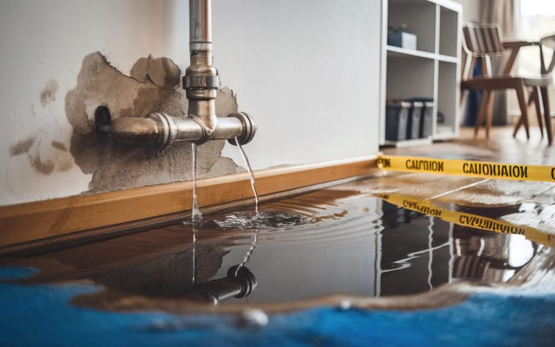 Water leak damage in a home causing floor exposure and caution tape present.