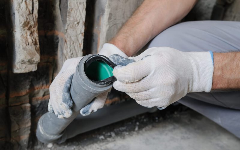 Worker's hands are installing sewer pipes in a kitchen of a apartment.