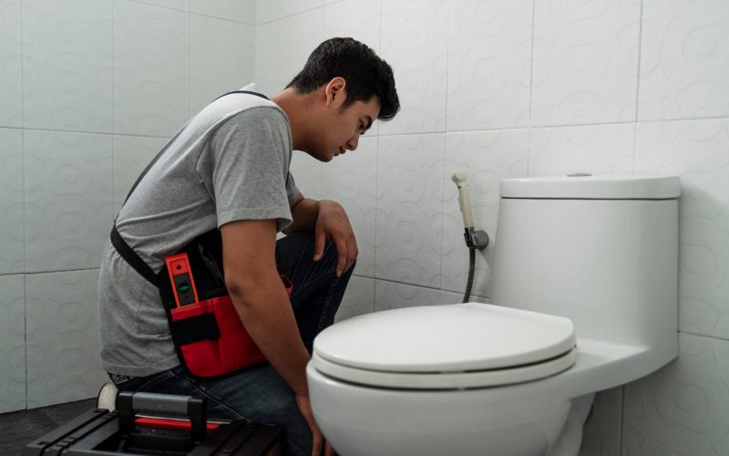 Plumber man sitting and checking the toilet to see where it leaks. Asian plumber man checking lavatory to where it needed to be fix.